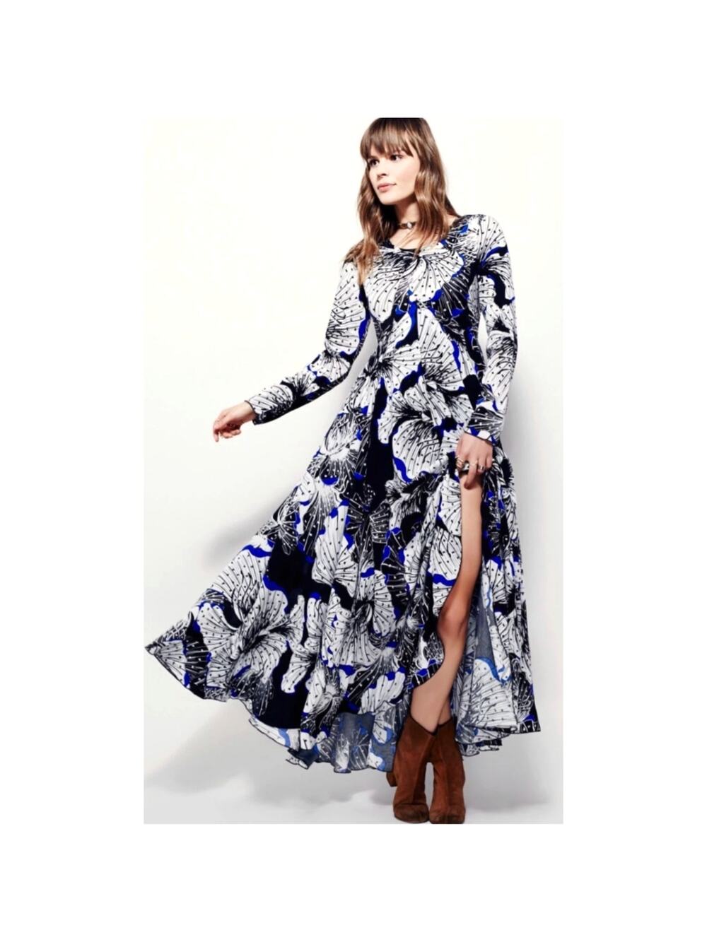 Free People XS Blue White Floral Maxi Dress Boho Romantic Festival